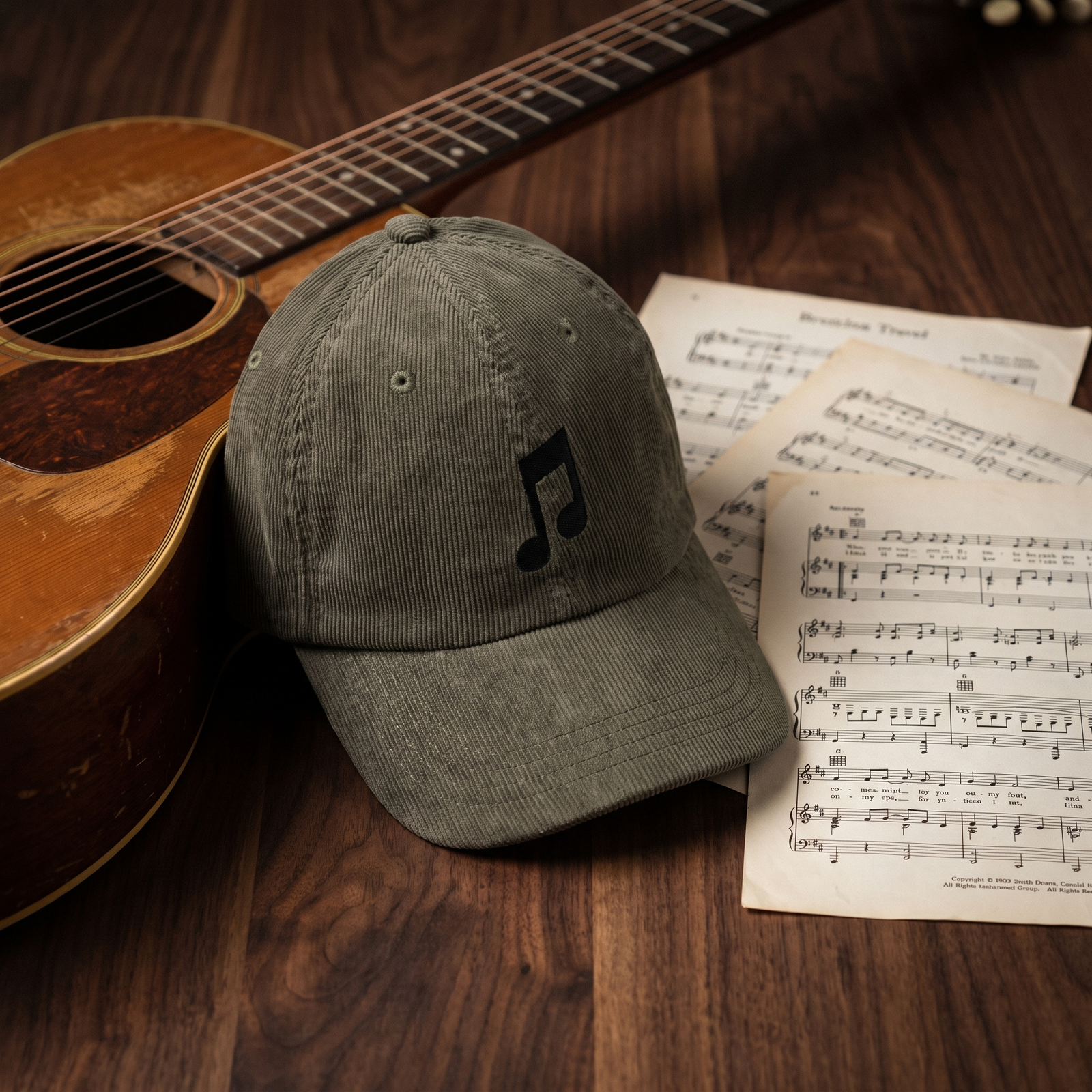 Casquette en velours côtelé olive brodée note de musique noire, CHT'M Boutique, vue angle léger