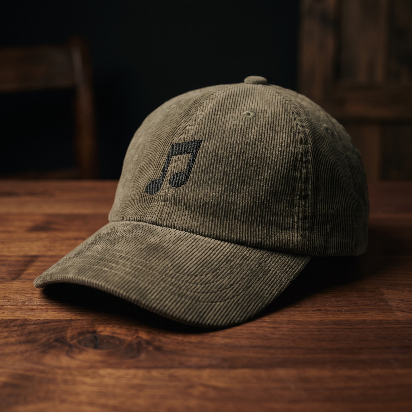 Casquette en velours côtelé olive brodée note de musique noire, CHT'M Boutique, vue angle prononcé