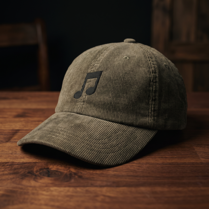 Casquette en velours côtelé olive brodée note de musique noire, CHT'M Boutique, vue angle prononcé