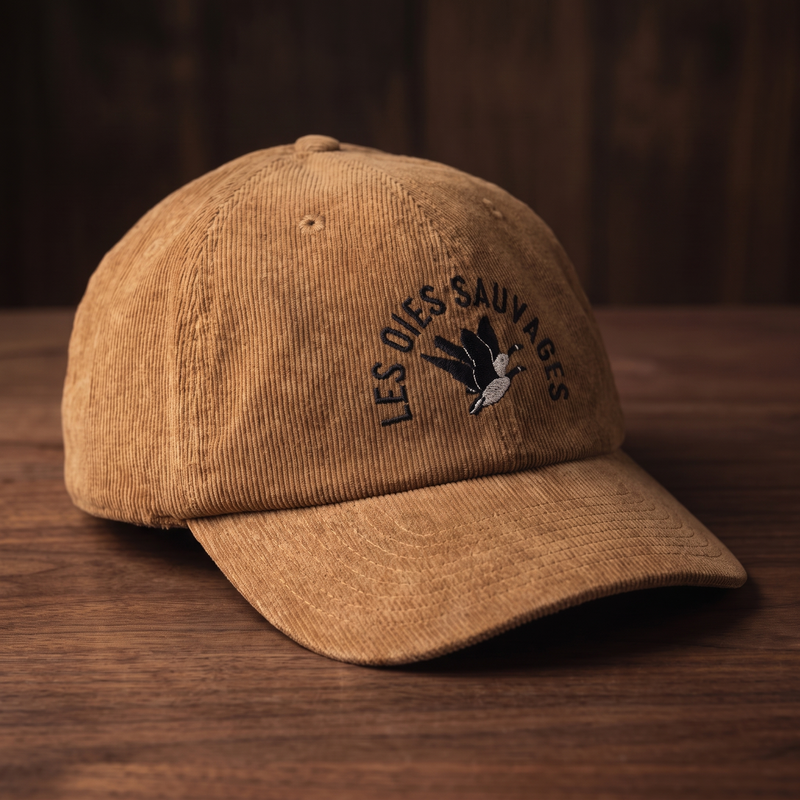 Casquette en velours côtelé camel avec broderie Les Oies Sauvages - vue trois-quarts