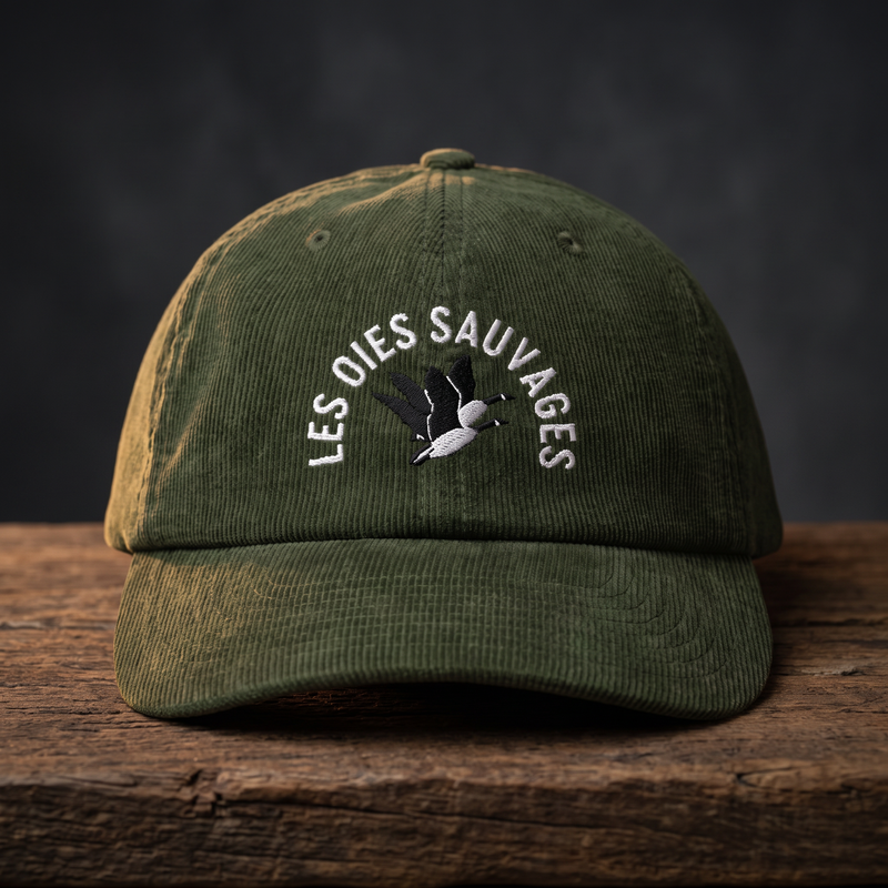 Casquette en velours côtelé olive brodée « Les Oies Sauvages » posée sur bois sombre, CHT'M Boutique.