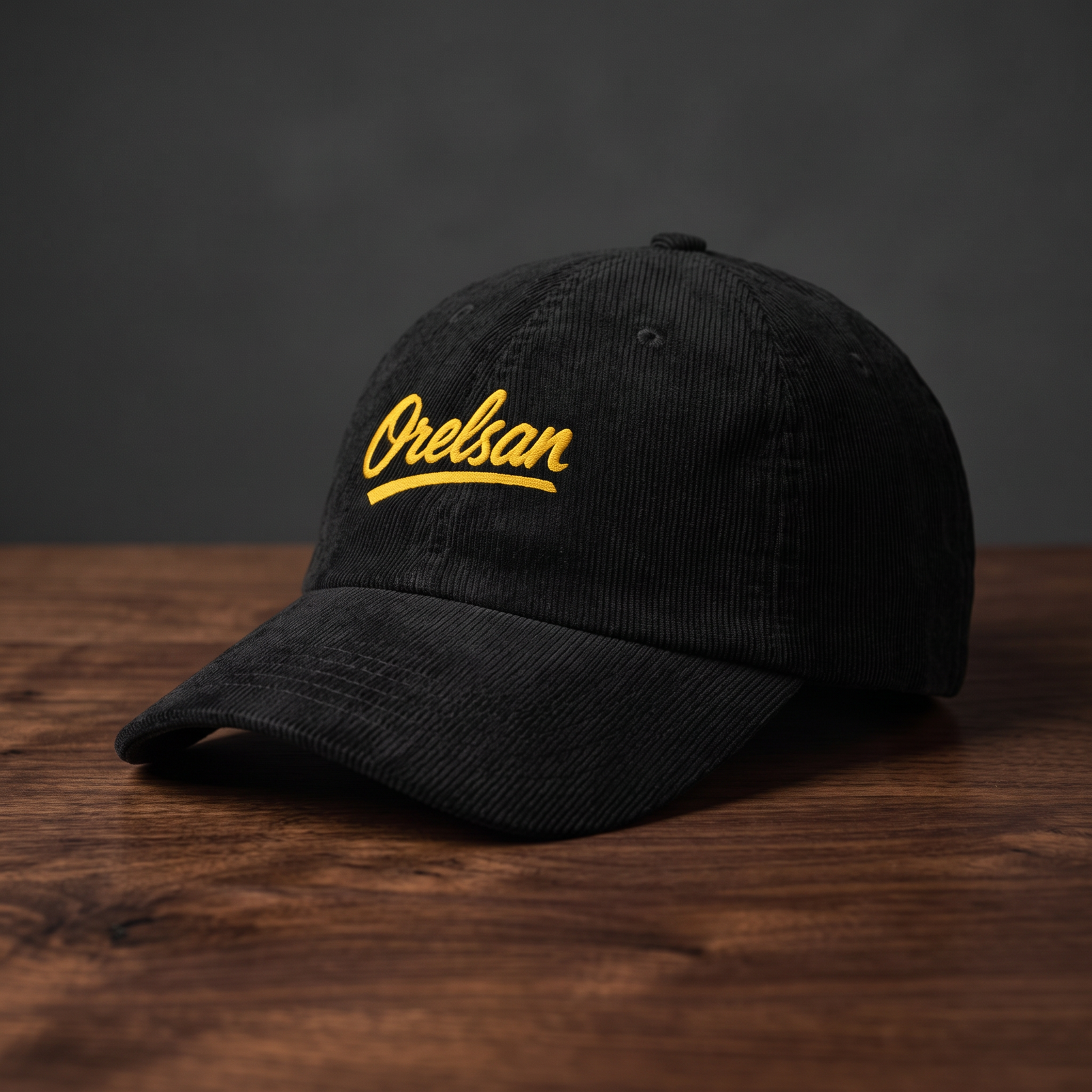 Casquette en velours côtelé noire brodée Orelsan - vue de profil rapprochée