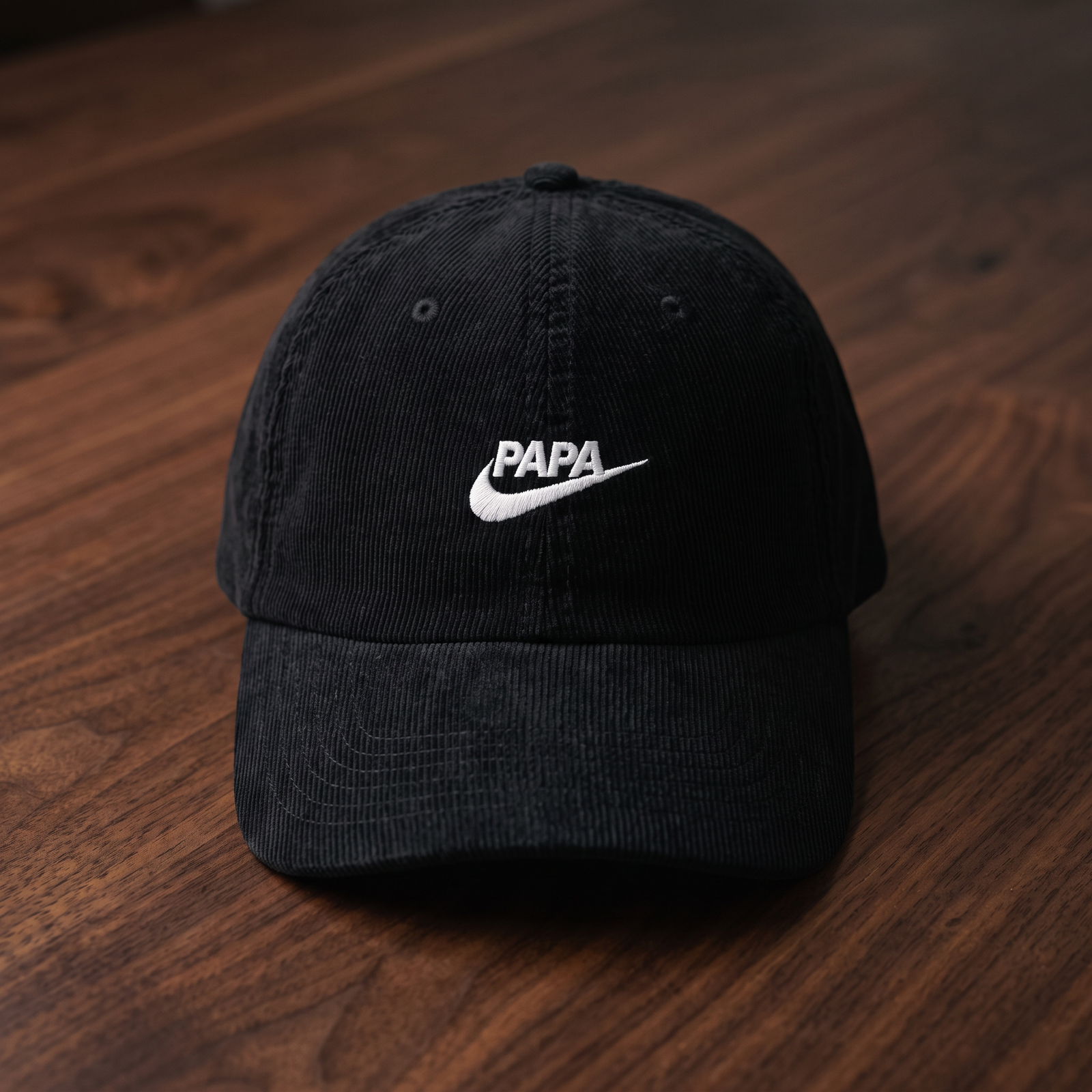 Casquette en velours côtelé noir brodée PAPA avec logo swoosh style Nike blanc, vue produit angle léger, CHT'M Boutique
