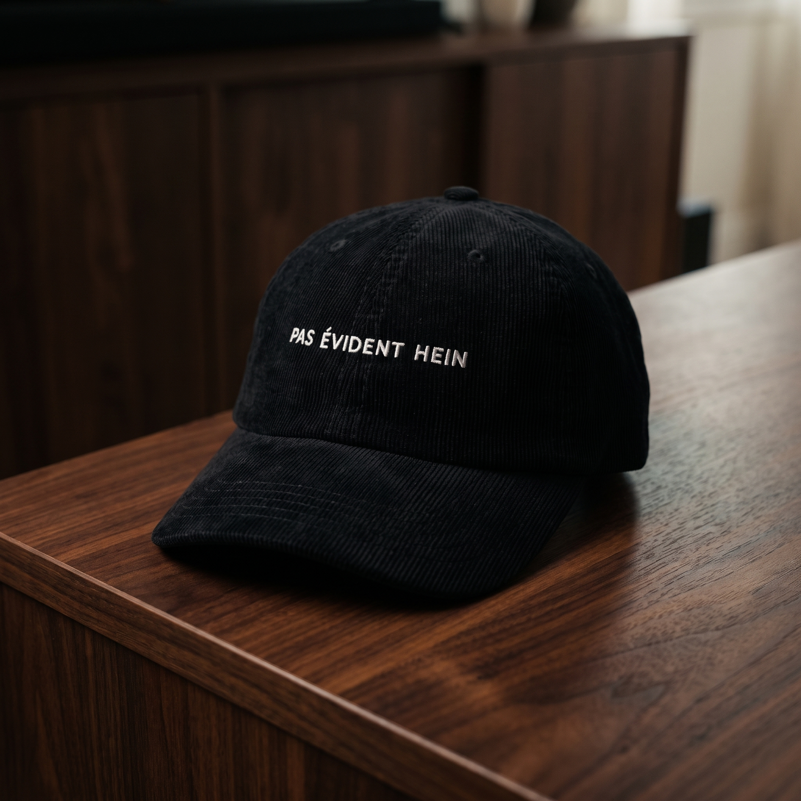 Casquette en velours côtelé noire brodée « Pas évident hein », CHT'M Boutique, vue angle léger