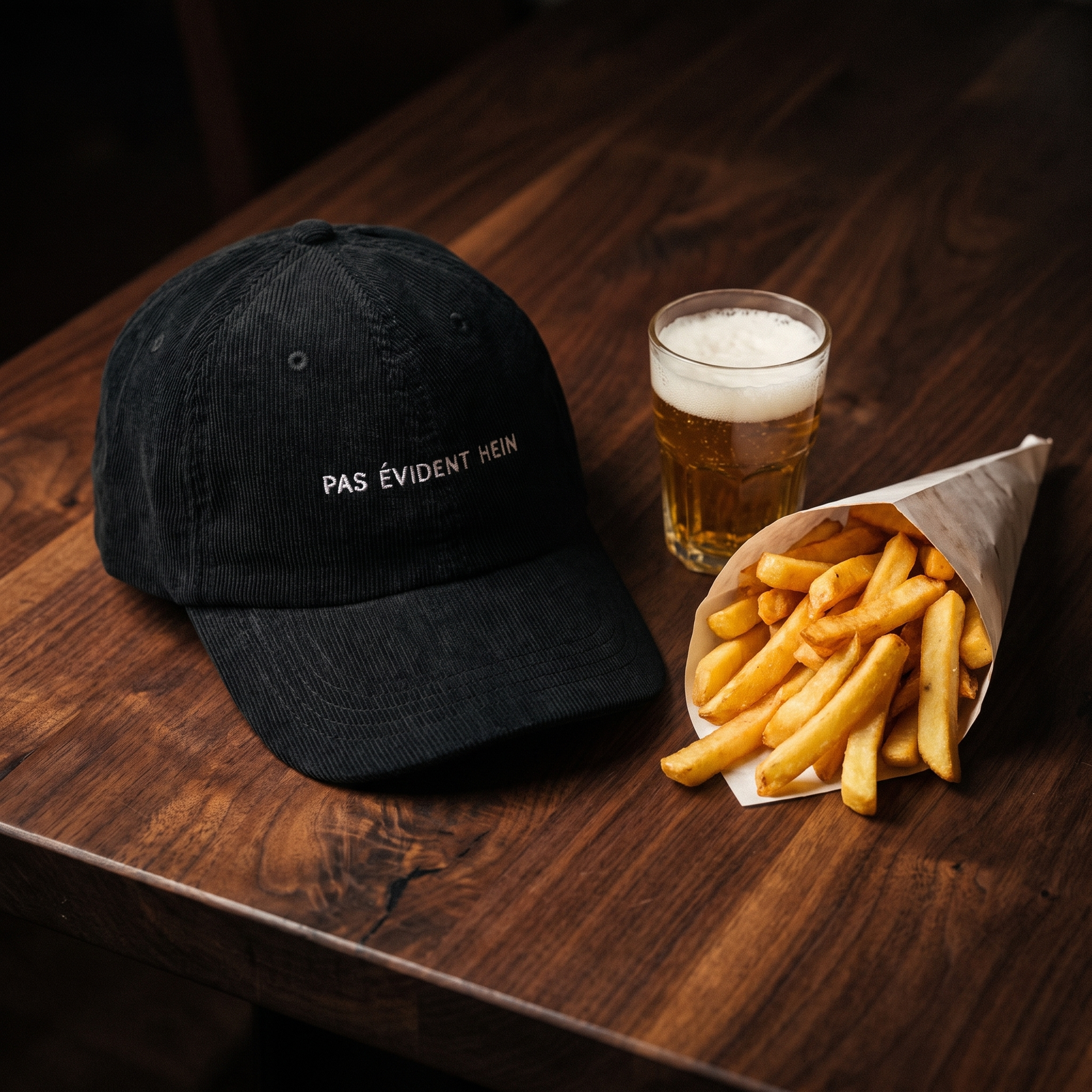 Casquette en velours côtelé noire brodée « Pas évident hein », CHT'M Boutique, vue angle prononcé