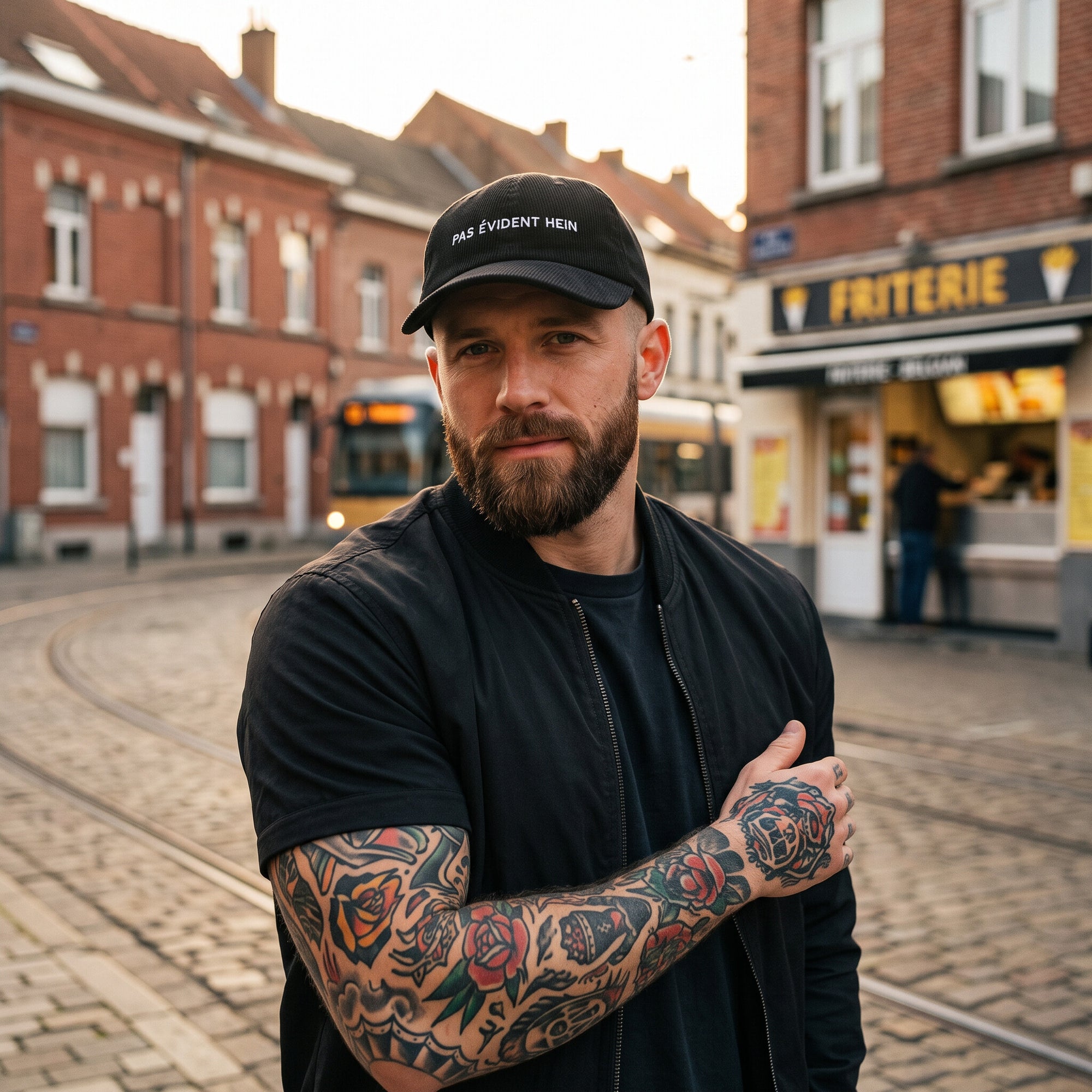 Homme dans une rue belge avec la casquette humour belge « Pas évident hein » en velours côtelé