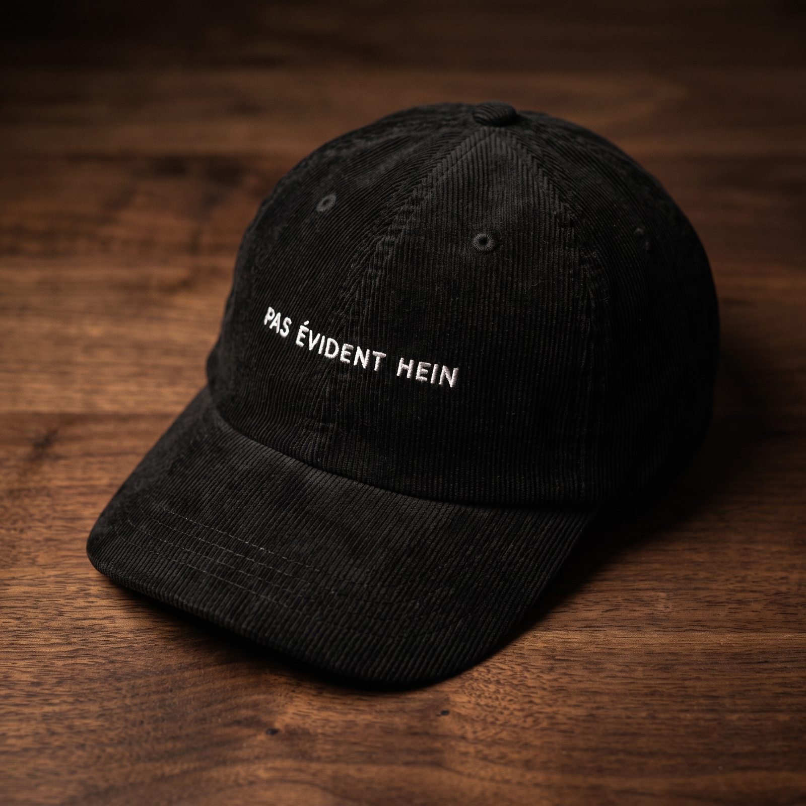 Casquette en velours côtelé noire brodée « Pas évident hein », CHT'M Boutique, mise en scène univers belge frites et bière