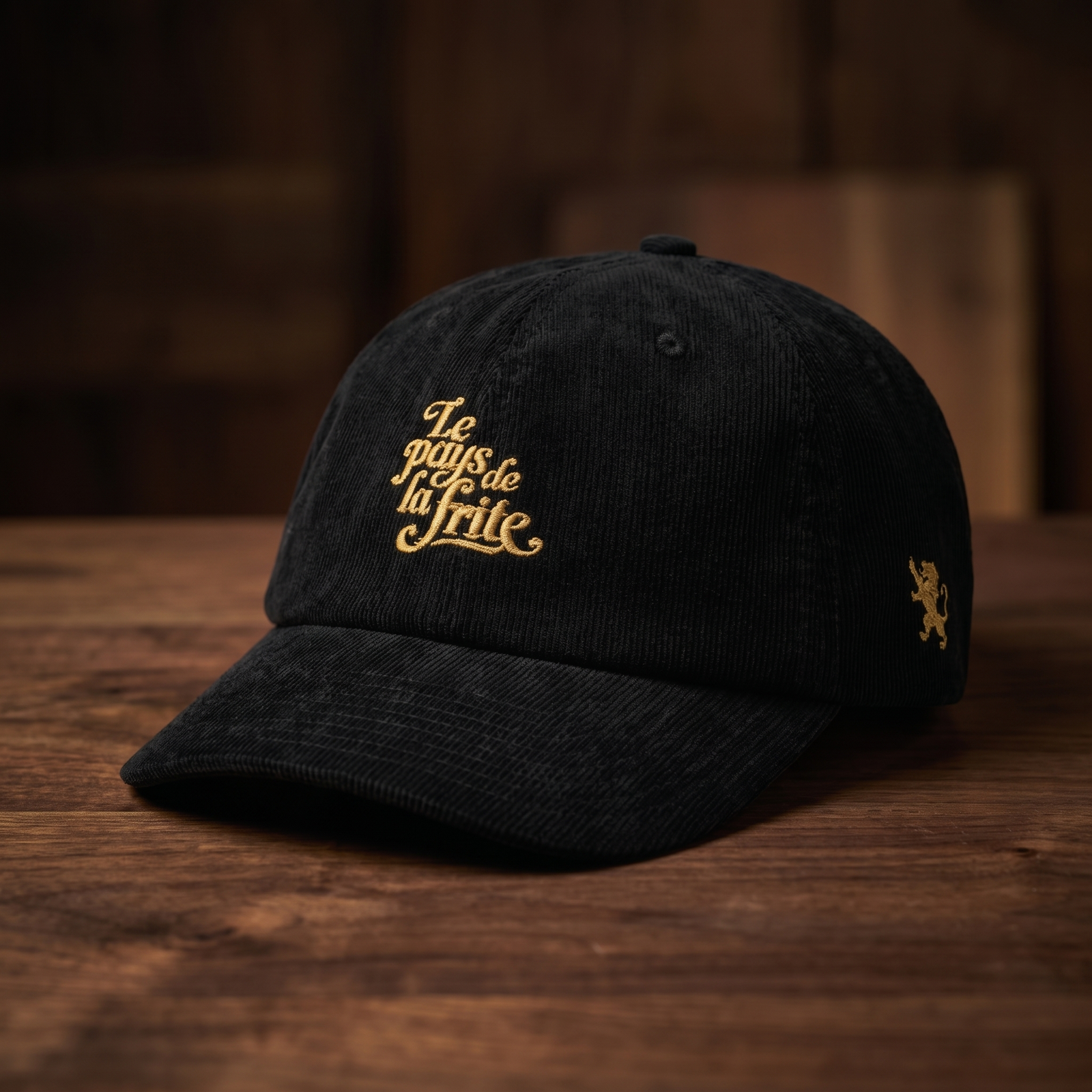 Casquette en velours côtelé noire brodée Le pays de la frite, CHT'M Boutique, vue angle prononcé