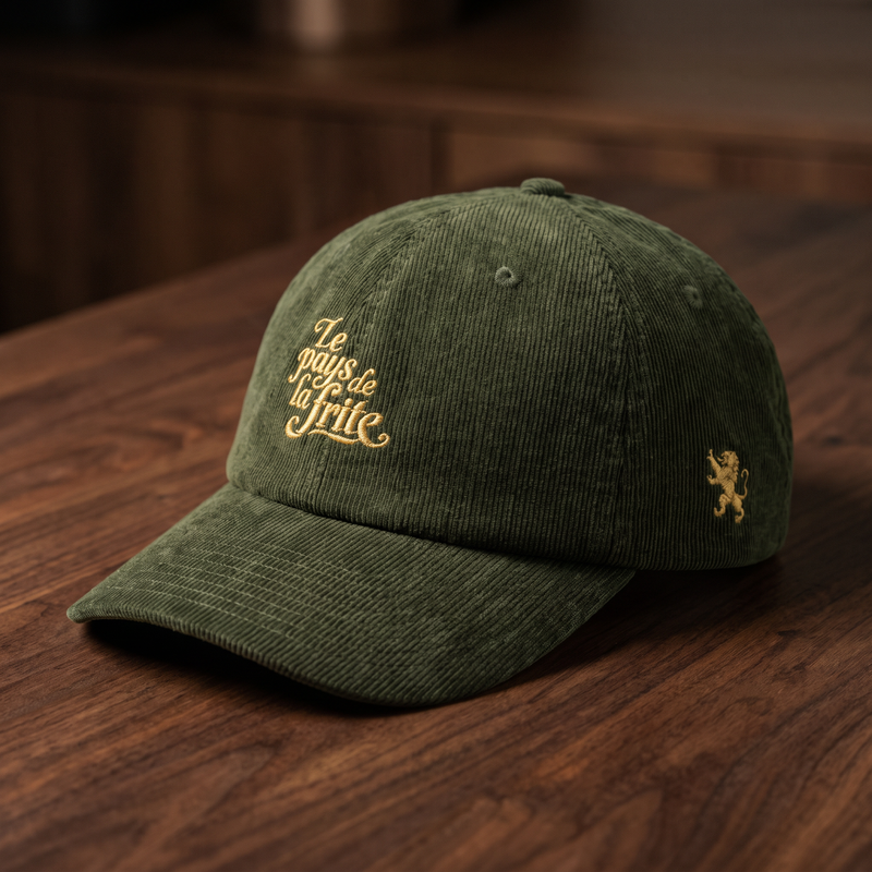 Casquette en velours côtelé olive brodée Le pays de la frite, CHT'M Boutique, vue légèrement de trois-quarts sur bois de noyer foncé