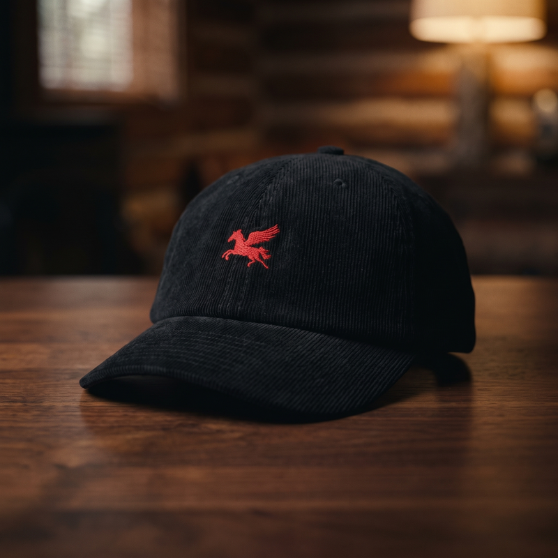 Casquette en velours côtelé noire CHT'M brodée d'un pégase rouge (cheval ailé au galop), présentée sur fond bois noyer foncé