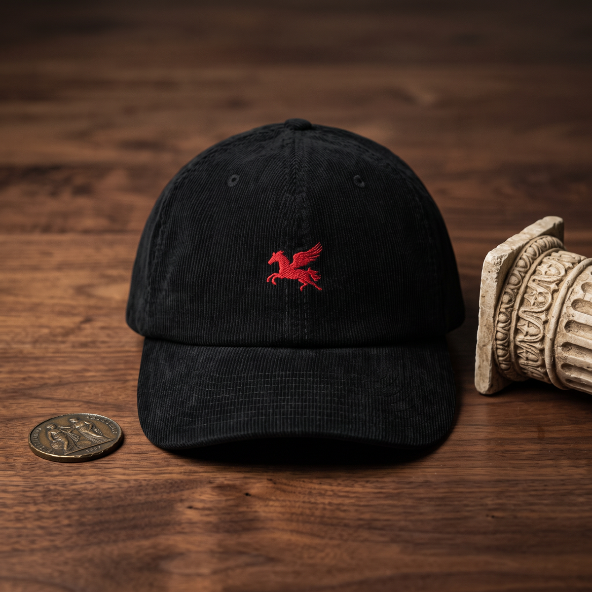 Casquette en velours côtelé noire CHT'M brodée d'un pégase rouge, posée avec un médaillon en bronze et un fragment de colonne antique, sur bois noyer foncé