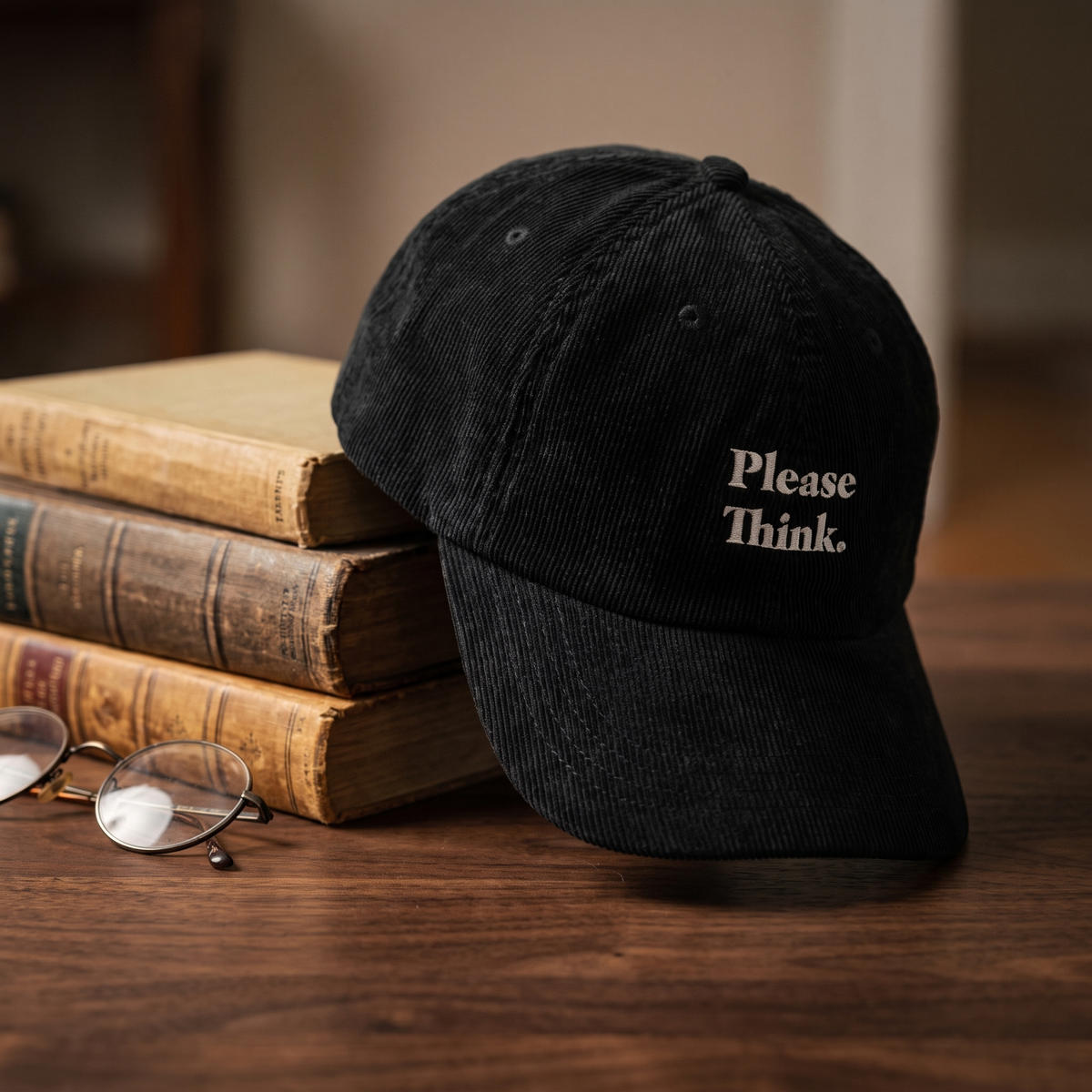 Casquette en velours côtelé noire brodée Please Think, CHT'M Boutique, mise en scène avec livres anciens et lunettes de lecture sur bois de noyer foncé