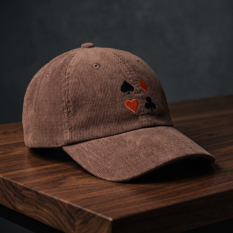 Casquette en velours côtelé marron avec motif de cartes brodé, vue de profil sur bois foncé