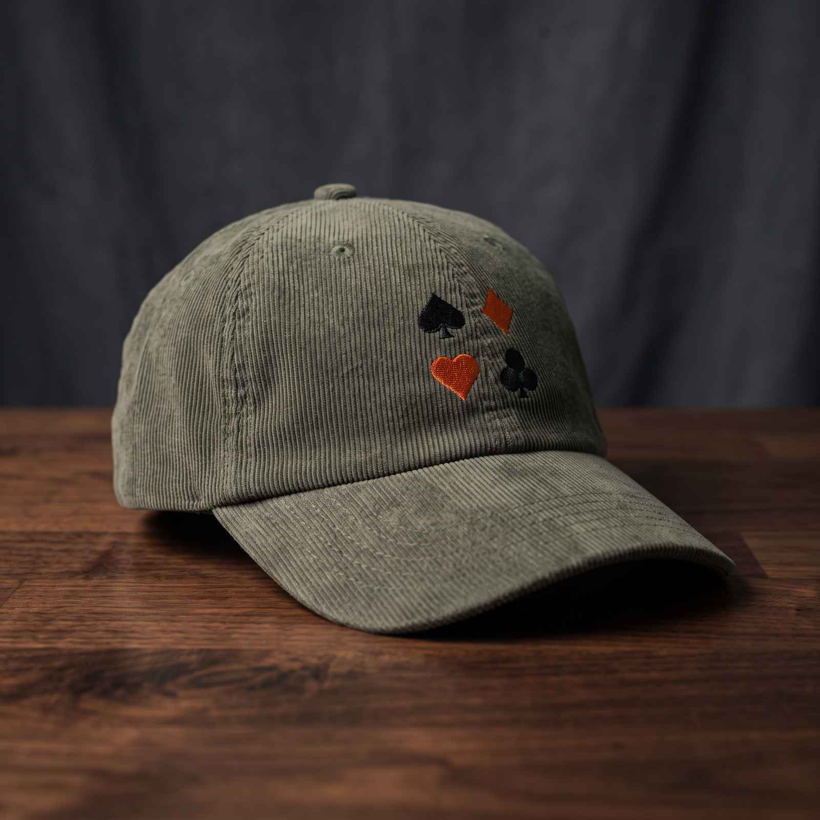 Casquette en velours côtelé olive avec quatre symboles de jeu de cartes brodés (pique, carreau, cœur, trèfle), posée sur bois foncé