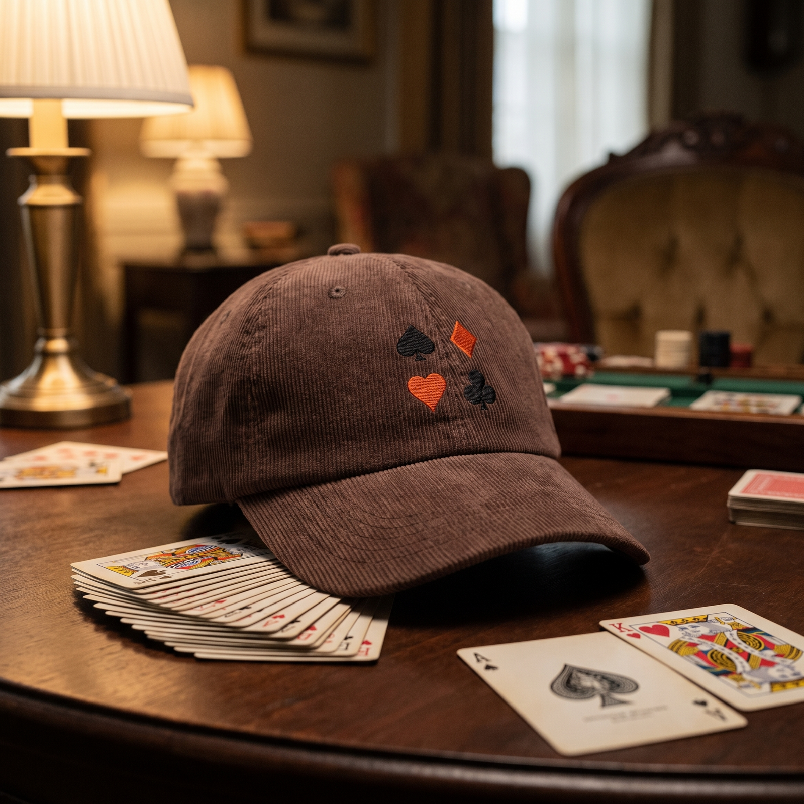 Casquette en velours côtelé marron avec motif de cartes brodé, posée sur une table de jeu avec cartes à jouer vintage