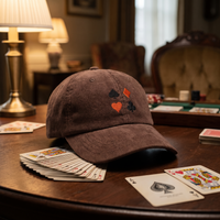 Casquette en velours côtelé marron avec motif de cartes brodé, posée sur une table de jeu avec cartes à jouer vintage