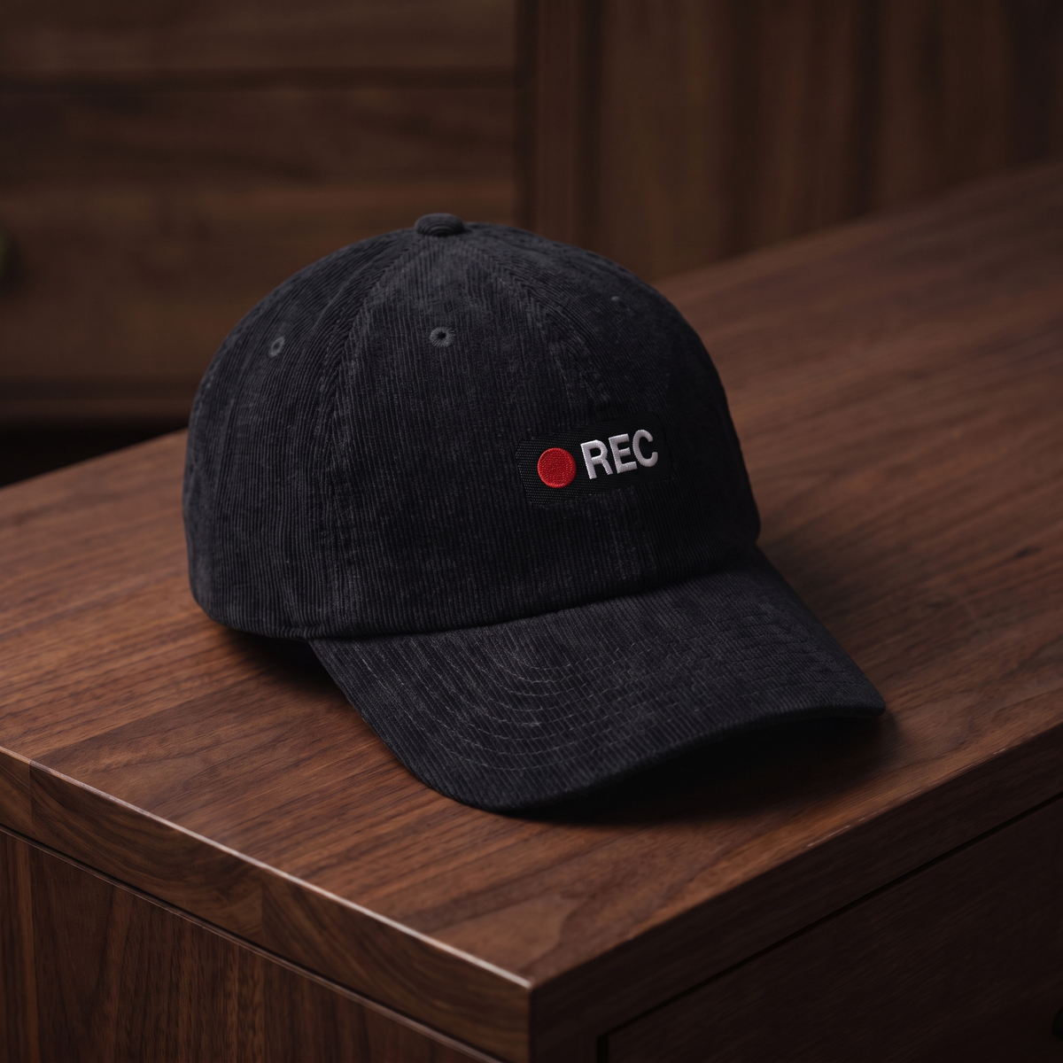 Casquette en velours côtelé noire CHT'M avec broderie 'REC' (point rouge d'enregistrement), vue trois-quarts