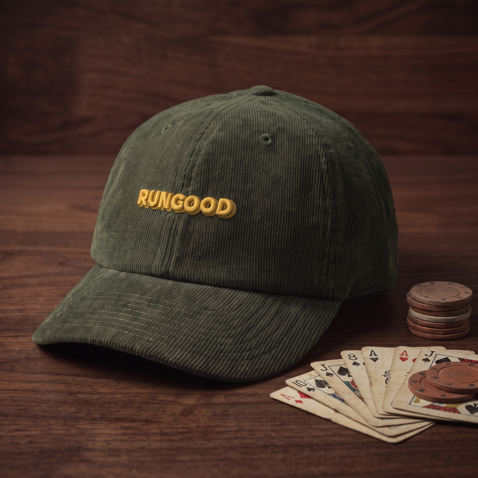 Casquette en velours côtelé CHT'M RUNGOOD, mise en scène avec cartes à jouer et jetons de poker