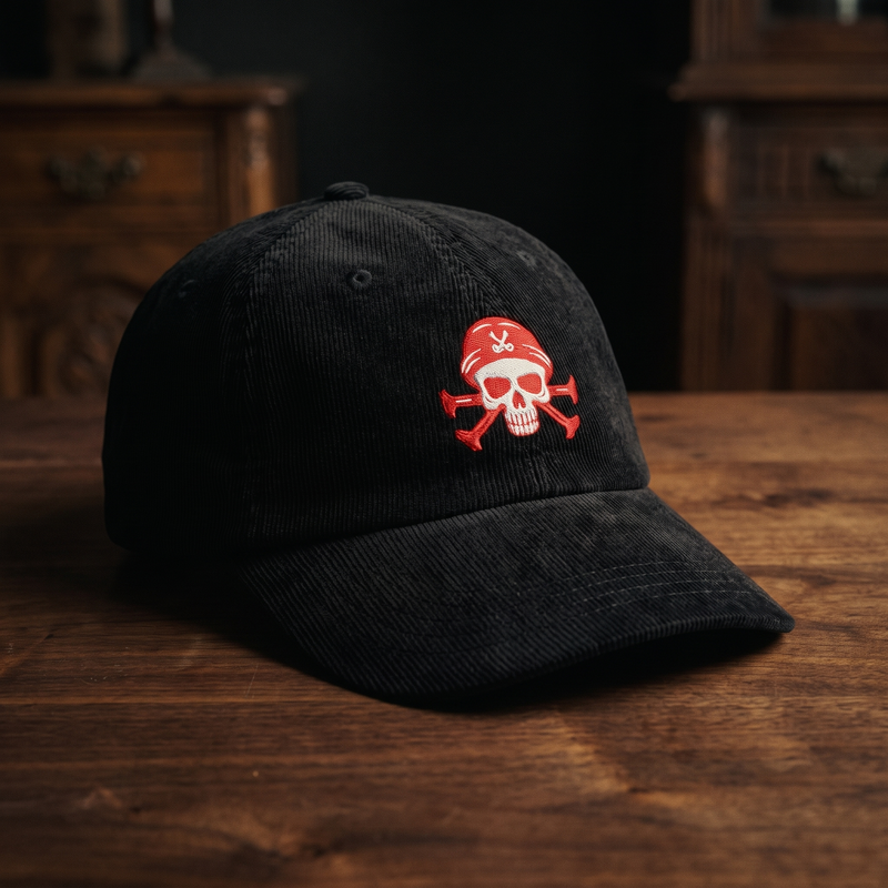 Casquette en velours côtelé noire brodée Skull Pirate Rouge, CHT'M Boutique, vue légèrement de trois-quarts sur bois de noyer foncé