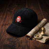 Casquette en velours côtelé noire brodée Skull Pirate Rouge, CHT'M Boutique, mise en scène carte au trésor et boussole sur bois de noyer foncé