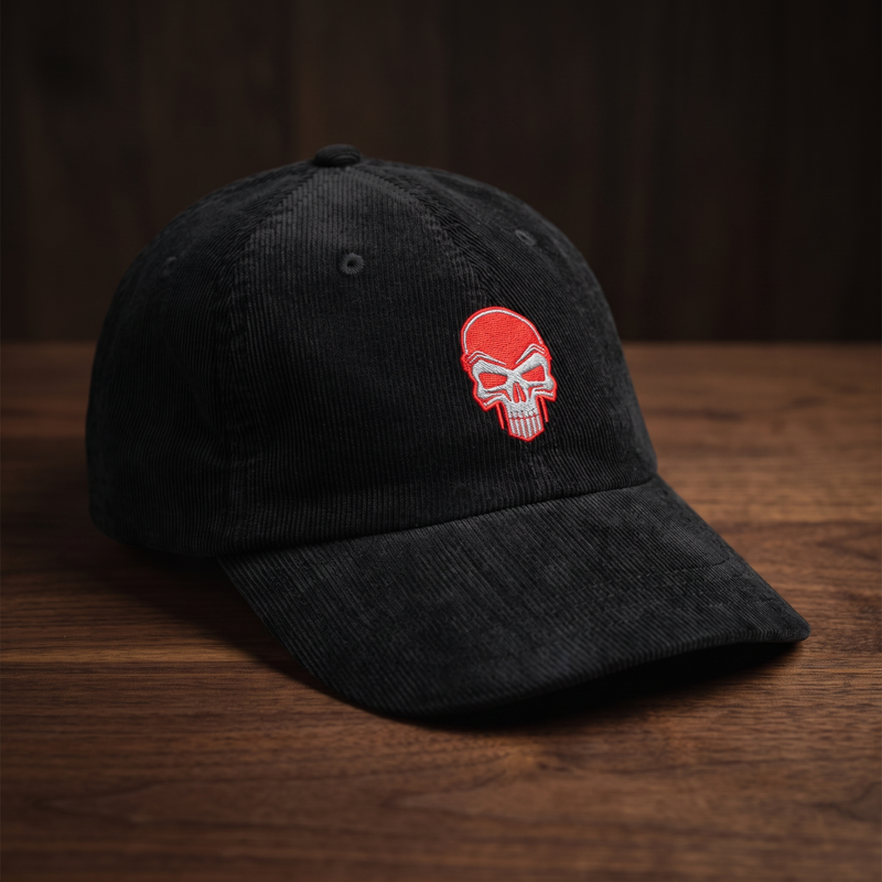 Casquette en velours côtelé noire brodée tête de mort, CHT'M Boutique, vue de trois-quarts prononcée sur bois de noyer foncé