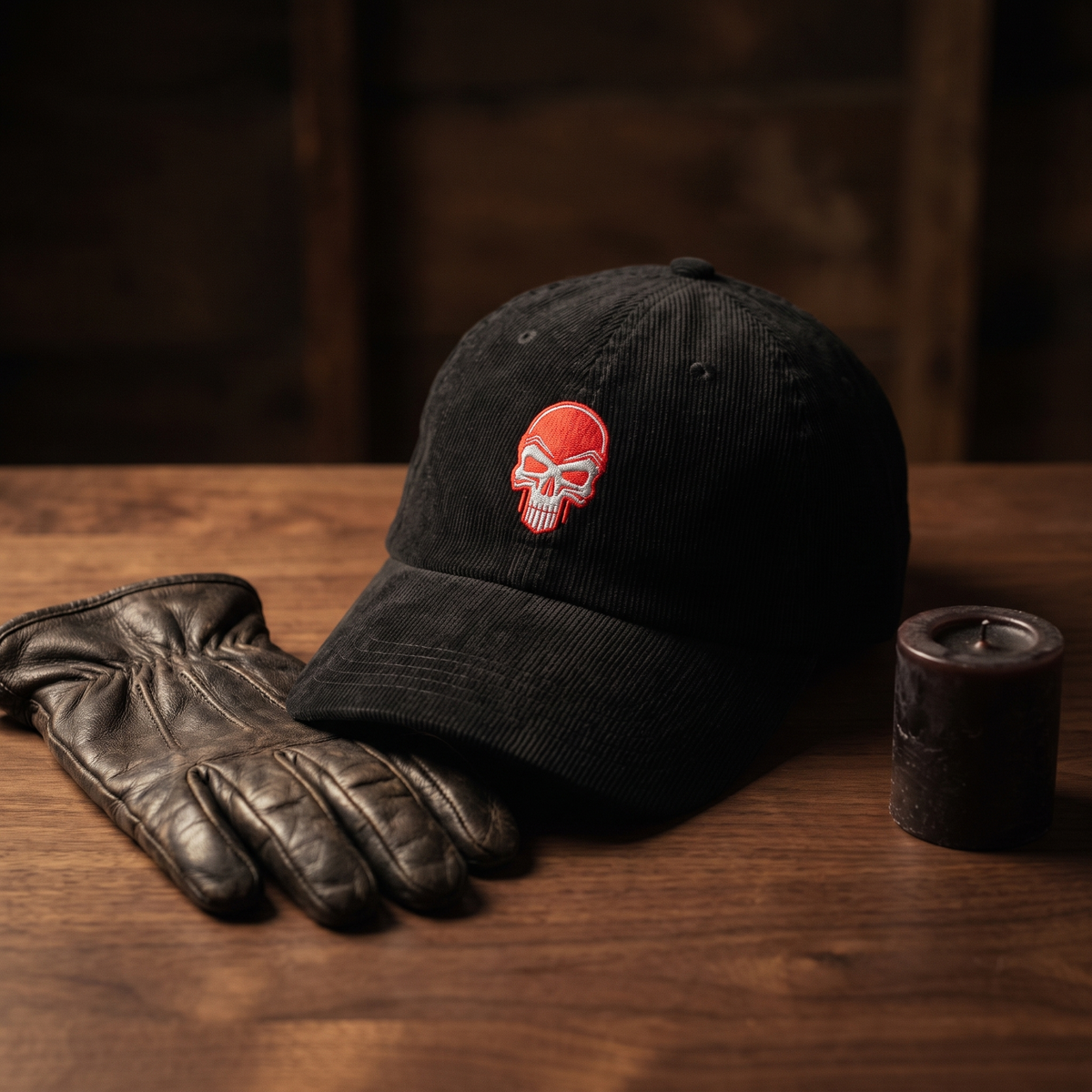 Casquette en velours côtelé noire brodée tête de mort, CHT'M Boutique, mise en scène avec gant de motard en cuir et bougie sur bois de noyer foncé