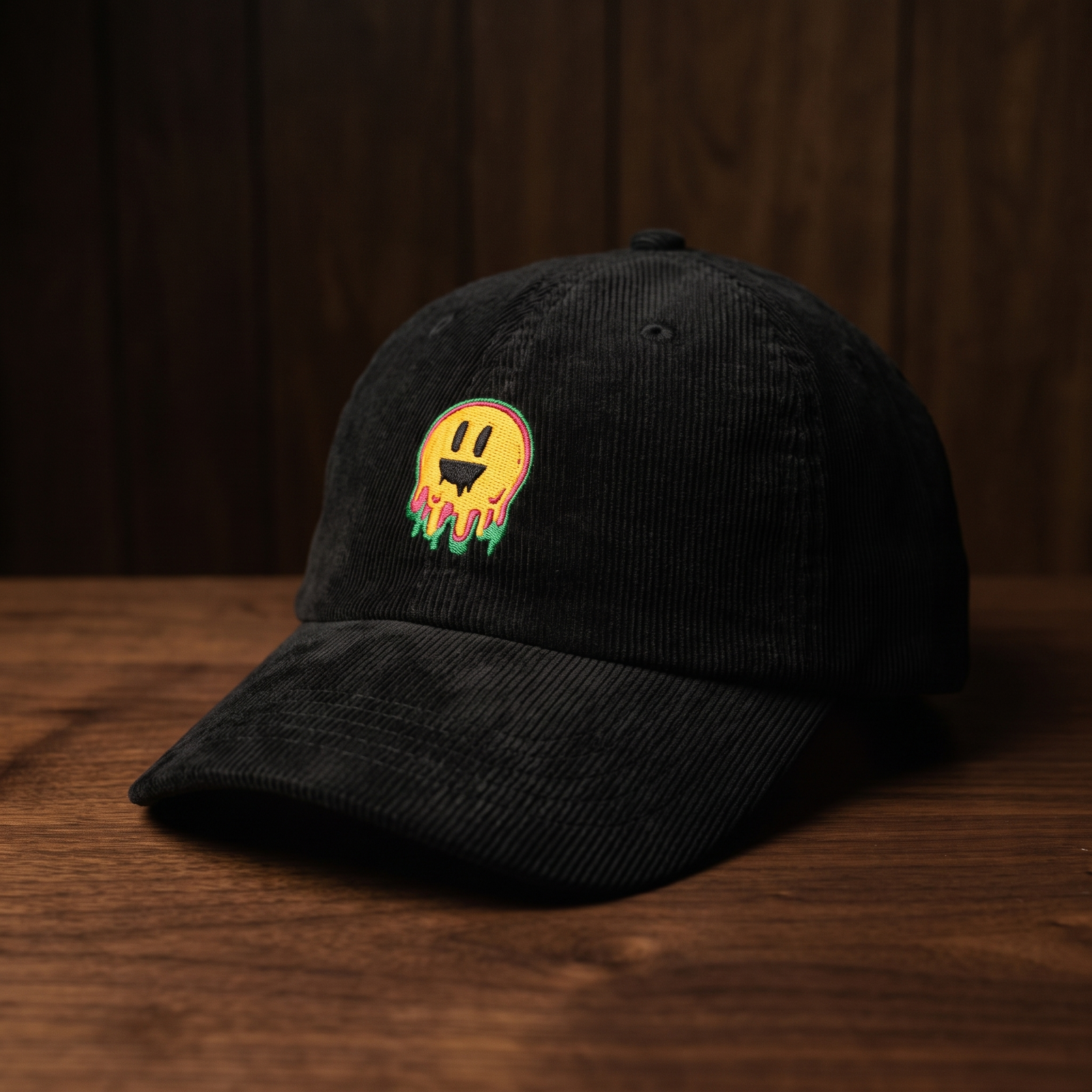 Casquette en velours côtelé noire brodée smiley fondant multicolore, CHT'M Boutique, vue angle léger