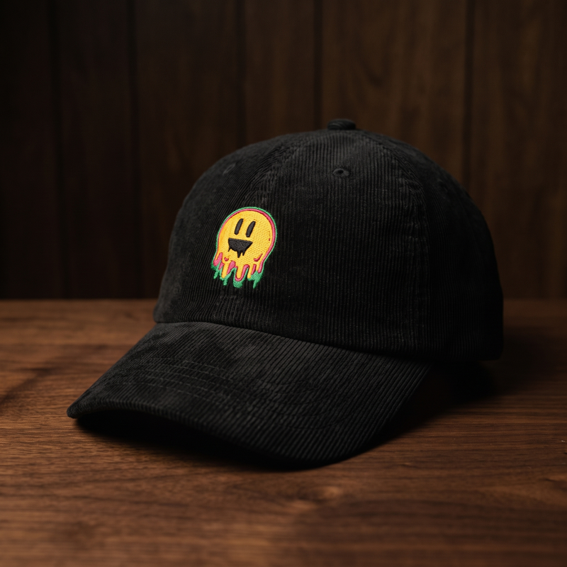 Casquette en velours côtelé noire brodée smiley fondant multicolore, CHT'M Boutique, vue angle léger