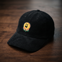 Casquette en velours côtelé noire brodée smiley fondant multicolore, CHT'M Boutique, vue angle prononcé