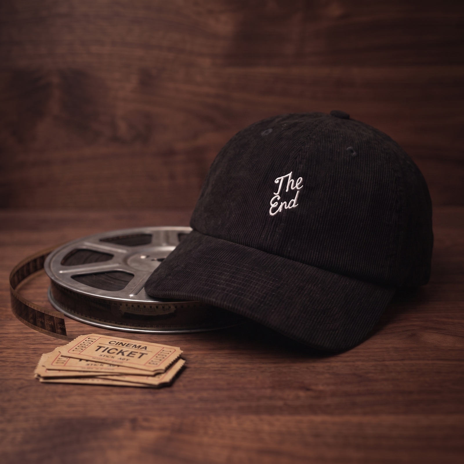 Casquette en velours côtelé CHT'M The End, mise en scène avec bobine de film et tickets de cinéma vintage