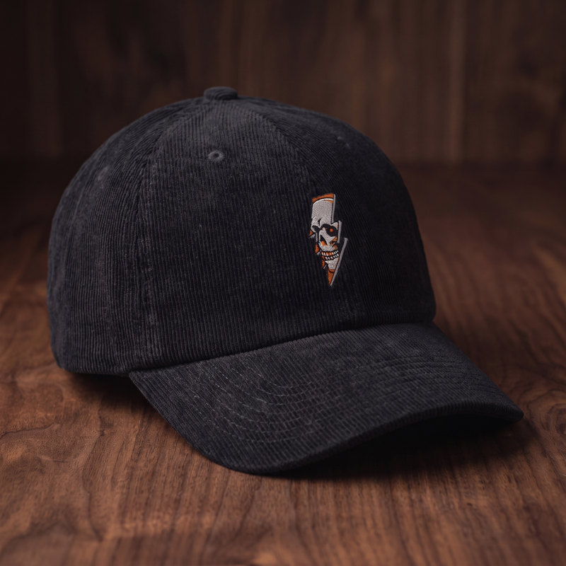 Casquette en velours côtelé noir avec broderie crâne et éclair Thunder Skull - vue trois-quarts