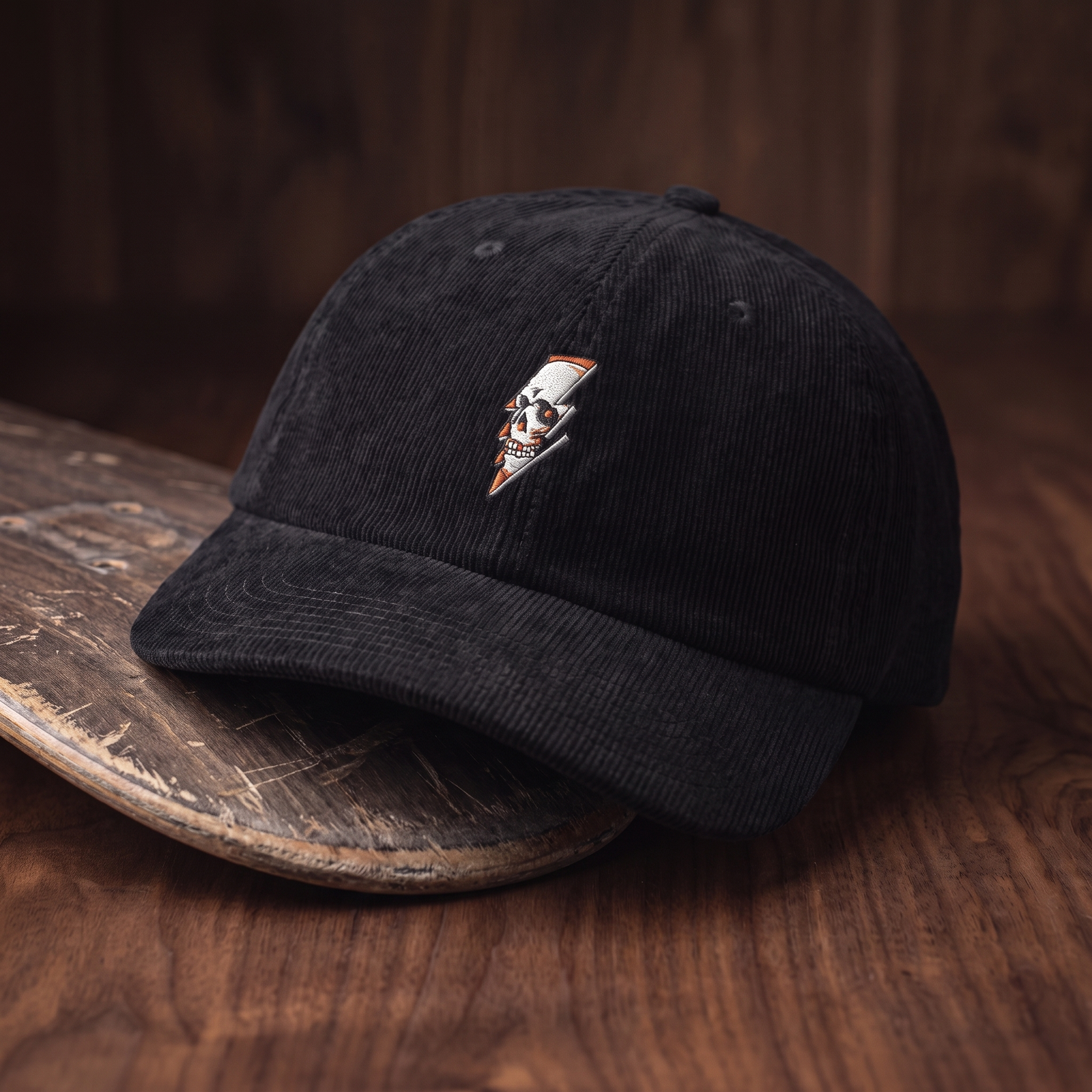 Casquette en velours côtelé noir avec broderie crâne et éclair Thunder Skull - mise en scène lifestyle avec skateboard
