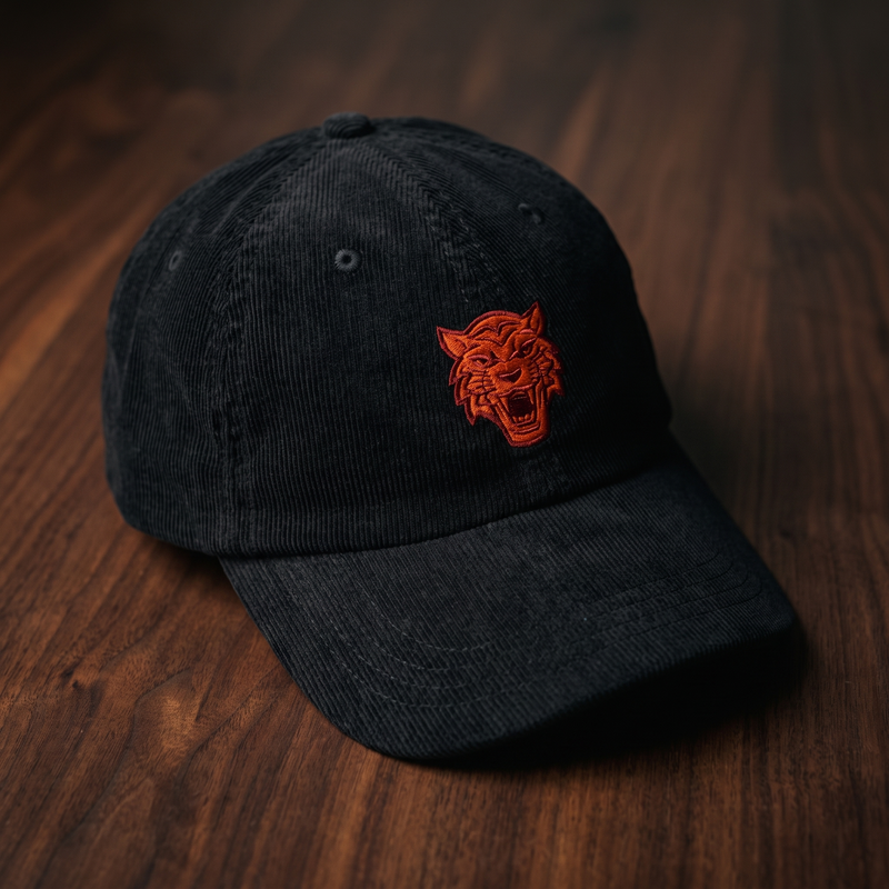 Casquette en velours côtelé noire brodée tête de tigre, CHT'M Boutique, vue légèrement de trois-quarts sur bois de noyer foncé