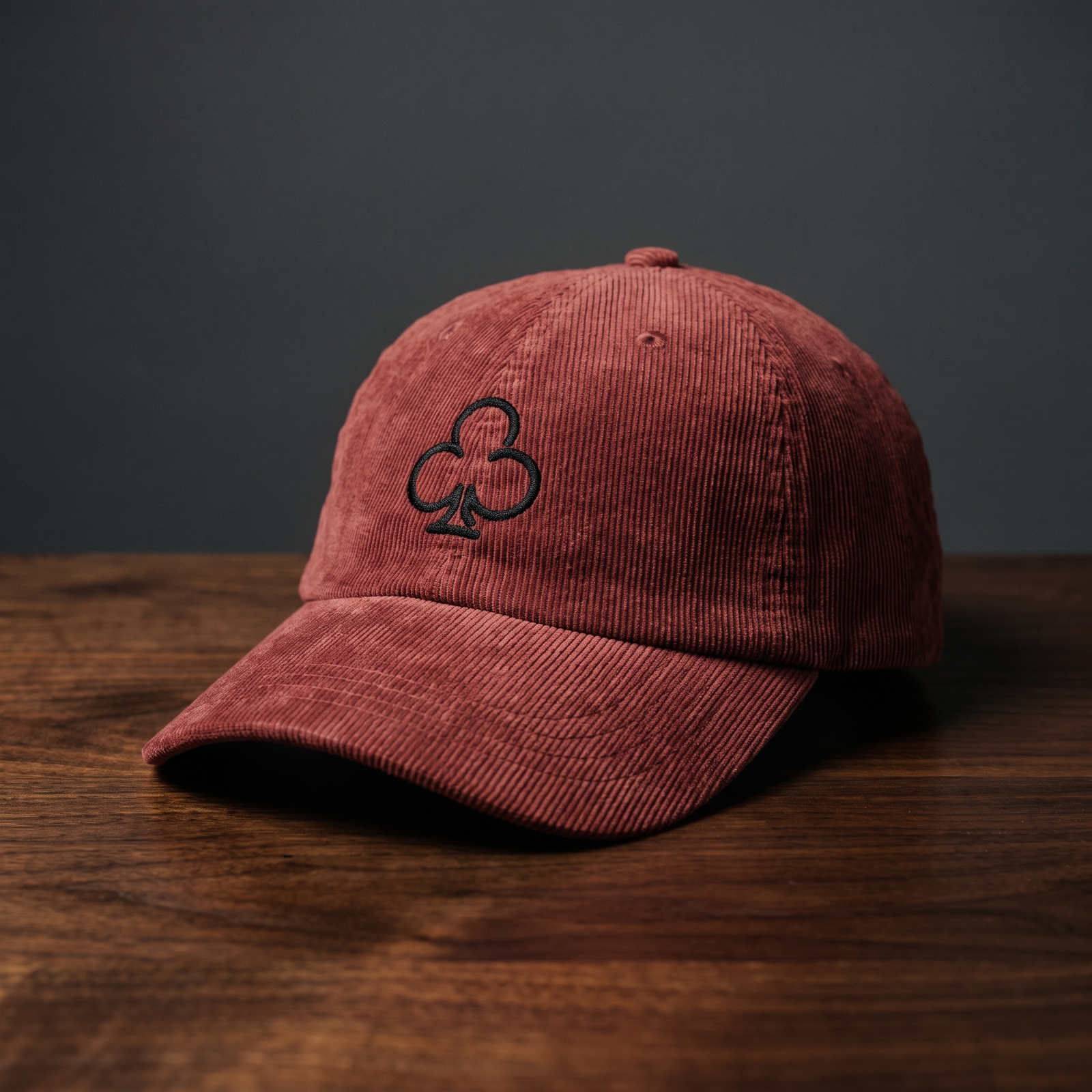 Casquette en velours côtelé bordeaux avec trèfle brodé, posée sur bois foncé