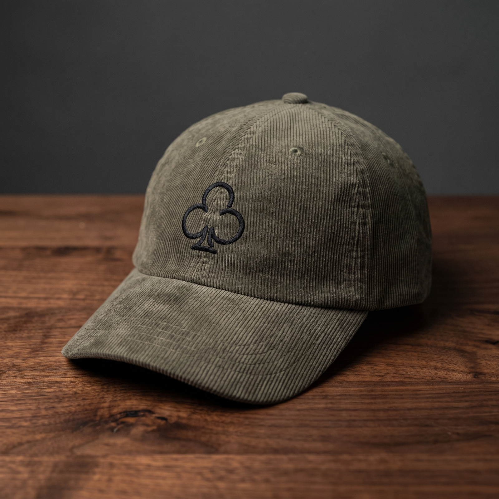 Casquette en velours côtelé olive avec trèfle brodé, posée sur bois foncé
