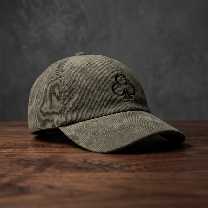 Casquette en velours côtelé olive avec trèfle brodé, vue de profil sur bois foncé