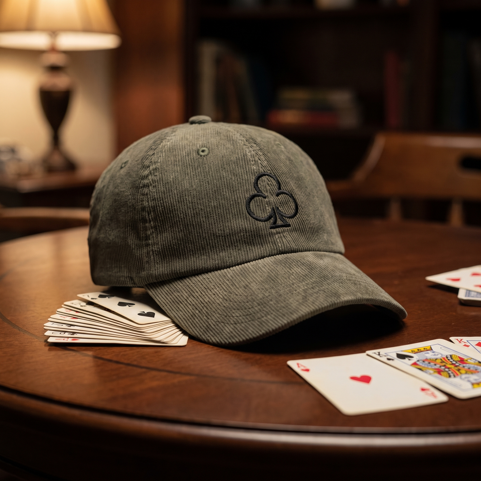 Casquette en velours côtelé olive avec trèfle brodé, posée sur une table de jeu avec cartes à jouer vintage