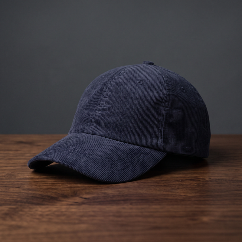 Casquette en velours côtelé unie bleu marine - vue de face sur fond bois et charbon