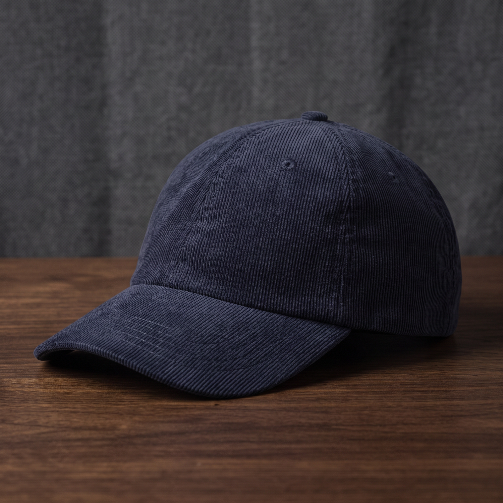 Casquette en velours côtelé unie bleu marine - vue de profil trois-quarts sur fond bois et charbon