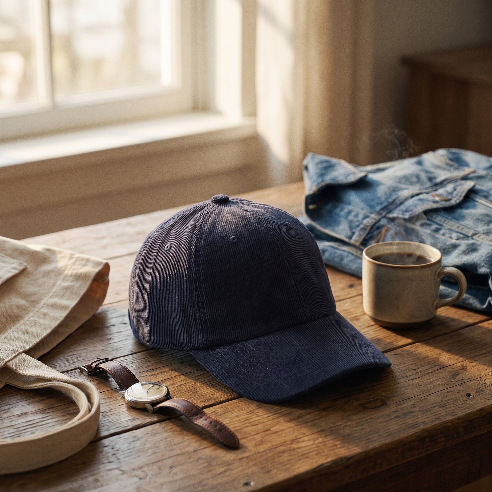 Casquette en velours côtelé unie bleu marine - mise en scène lifestyle cosy avec sac tote, montre et café
