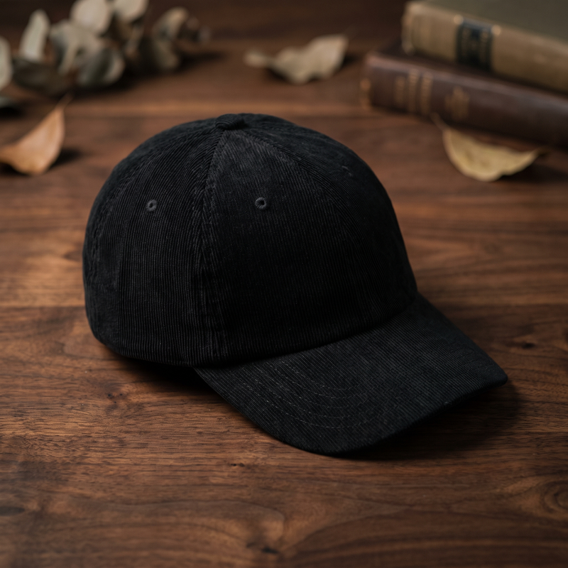 Casquette en velours côtelé noir uni, vue de trois-quarts prononcée sur fond bois foncé