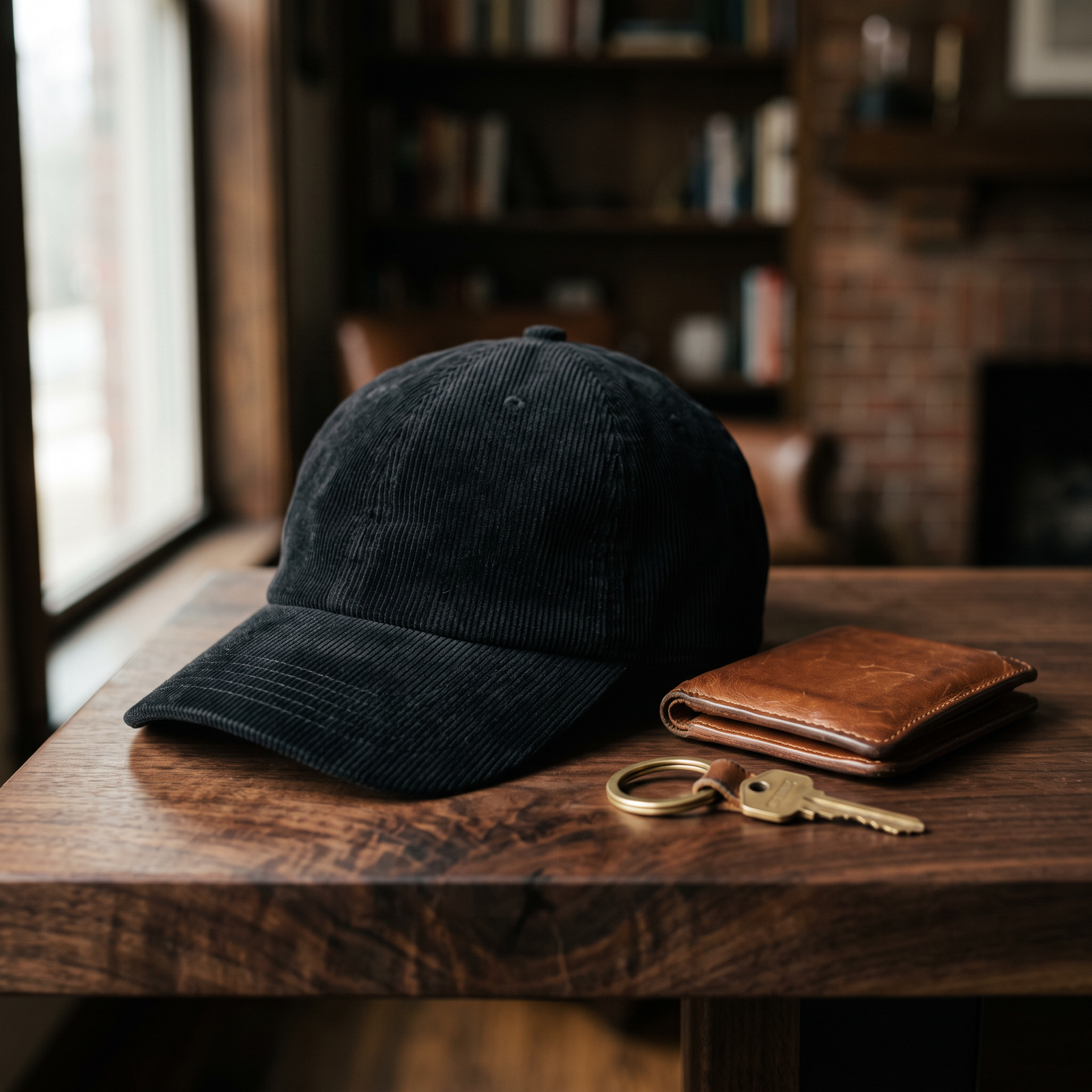 Casquette en velours côtelé noir uni, posée dans une mise en scène quotidienne avec portefeuille en cuir et porte-clés en laiton, sur bois de noyer foncé