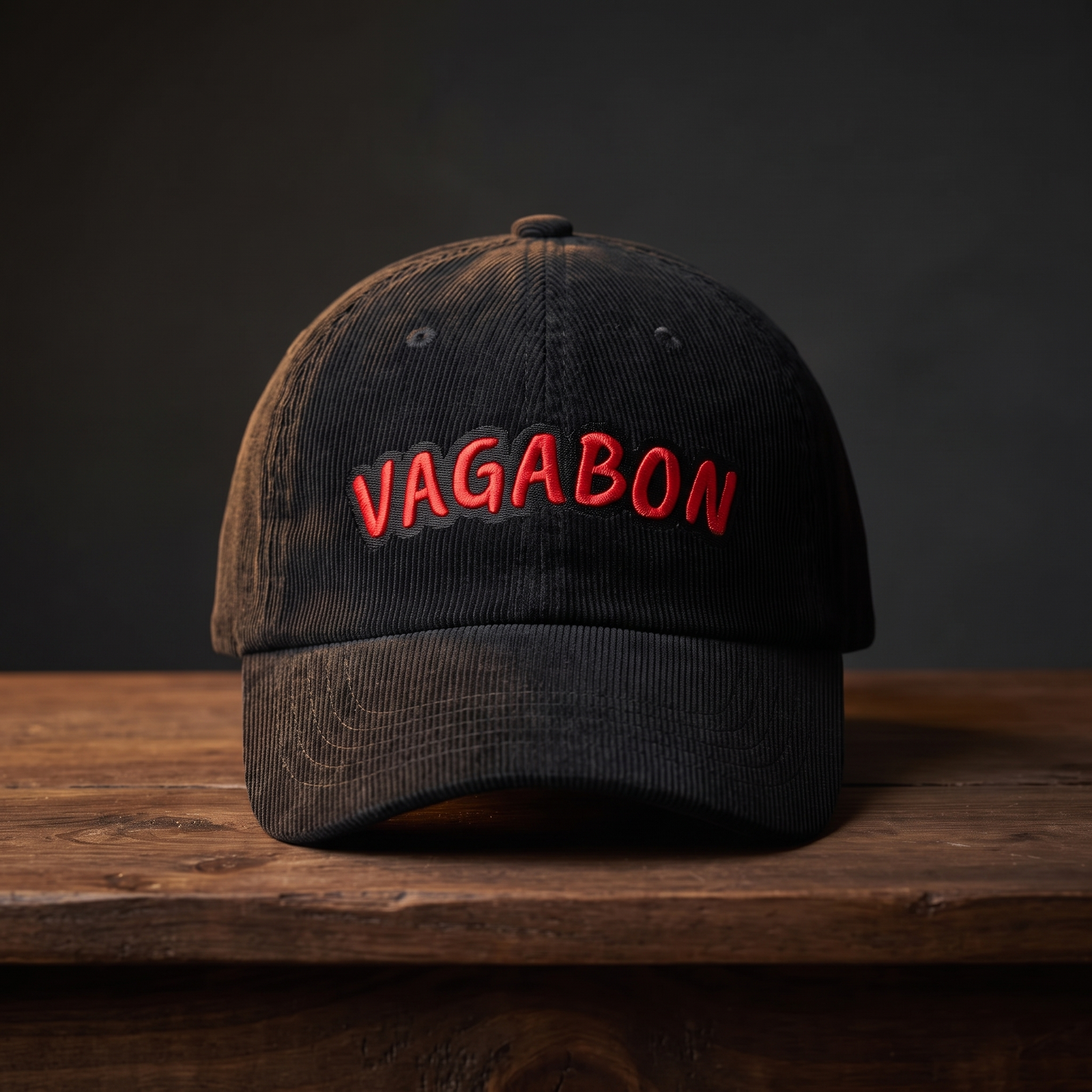 Casquette en velours côtelé noir VAGABON – broderie rouge, vue de face