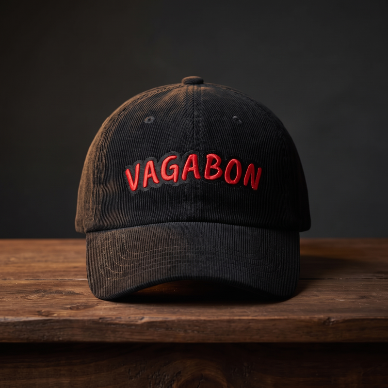 Casquette en velours côtelé noir VAGABON – broderie rouge, vue de face
