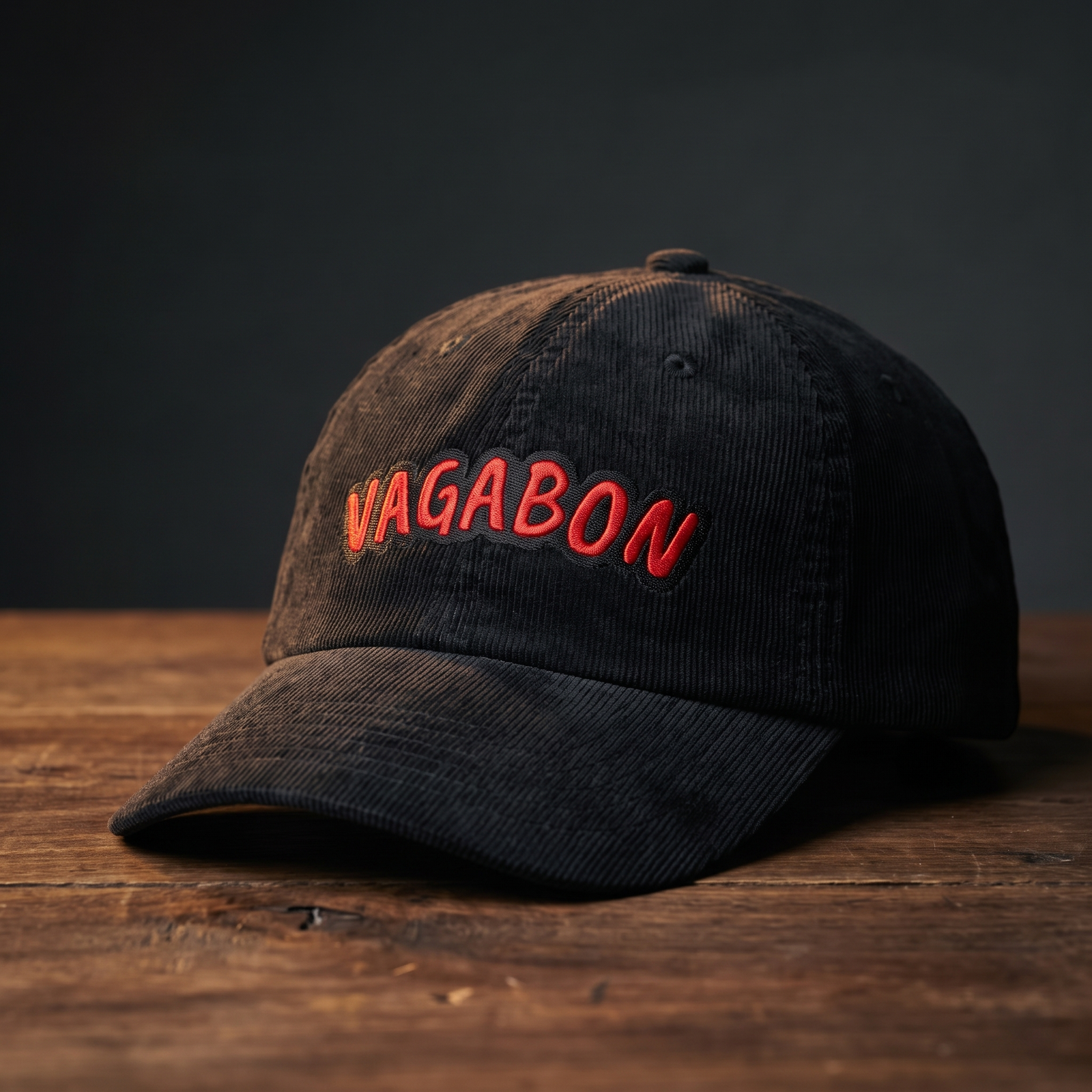 Casquette en velours côtelé noir VAGABON – broderie rouge, vue trois quarts