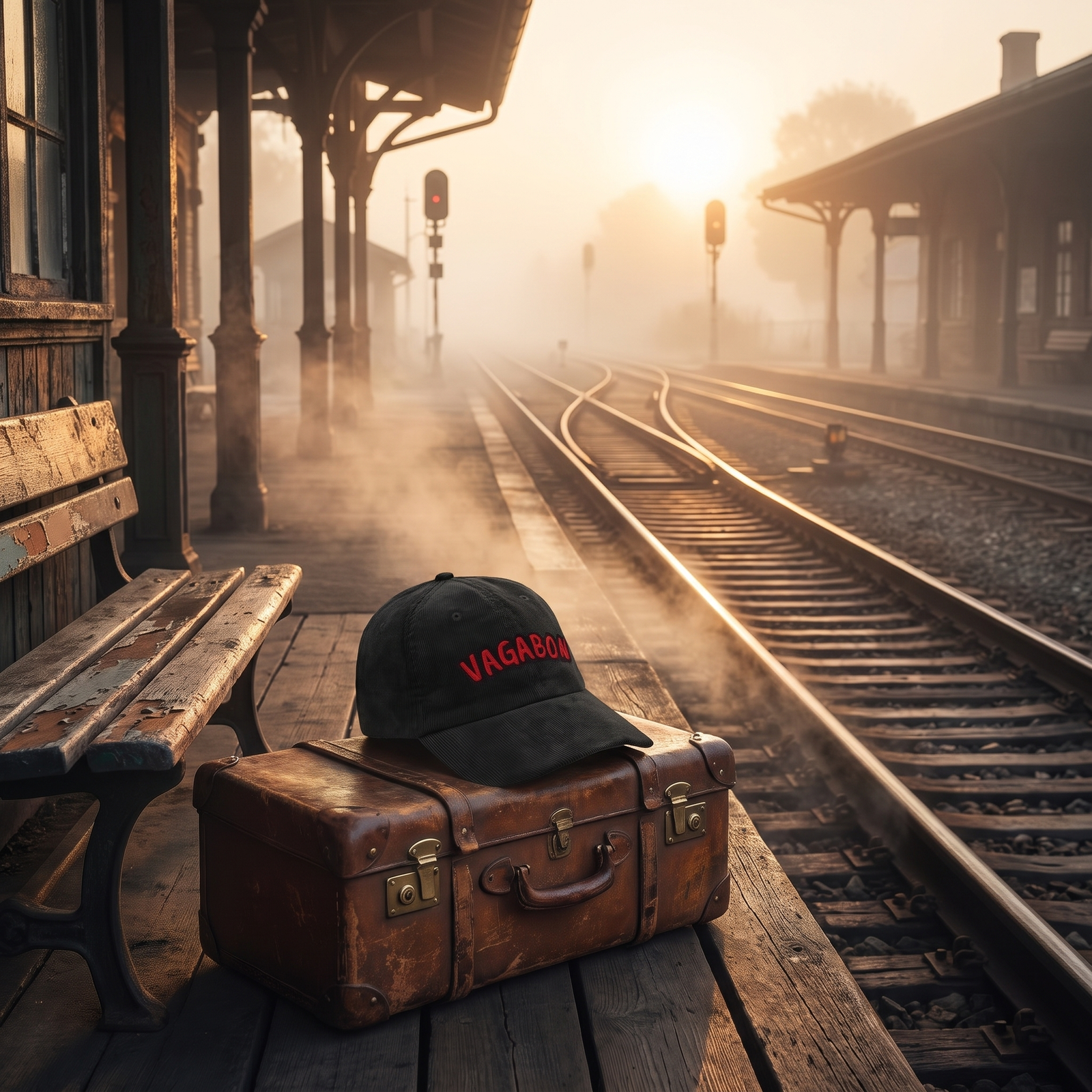 Casquette en velours côtelé noir VAGABON posée sur une valise vintage sur un quai de gare brumeux