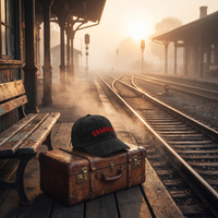 Casquette en velours côtelé noir VAGABON posée sur une valise vintage sur un quai de gare brumeux