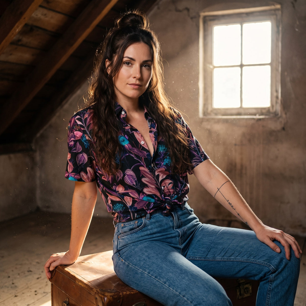 Chemise homme manches courtes noire à feuillage rose et fleurs bleues portée par une femme assise sur une vieille malle en cuir dans un grenier vintage - CHT'M Boutique