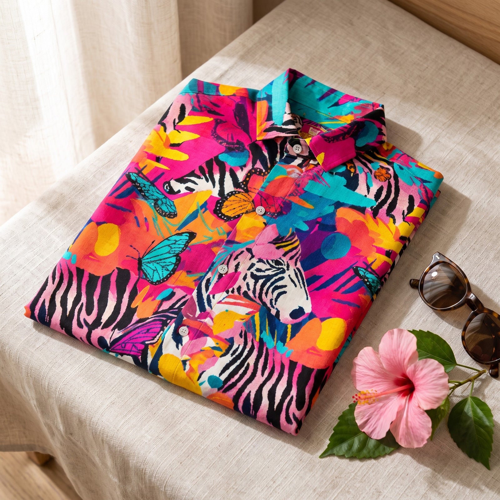 Chemise originale tropicale zèbre pliée avec lunettes de soleil et fleur d'hibiscus