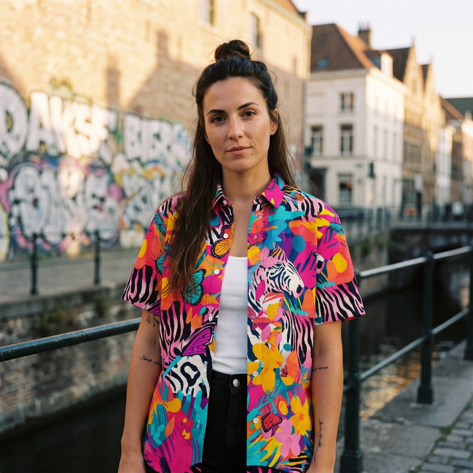 Femme portant la chemise originale tropicale zèbre sur un pont, streetwear CHT'M